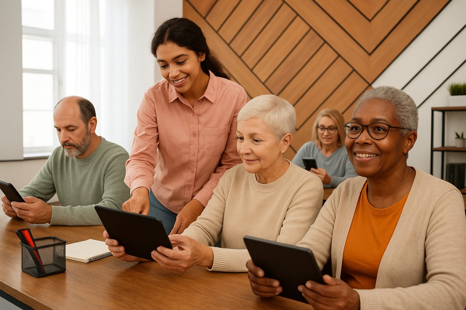 Idosos sorrindo e usando tecnologia